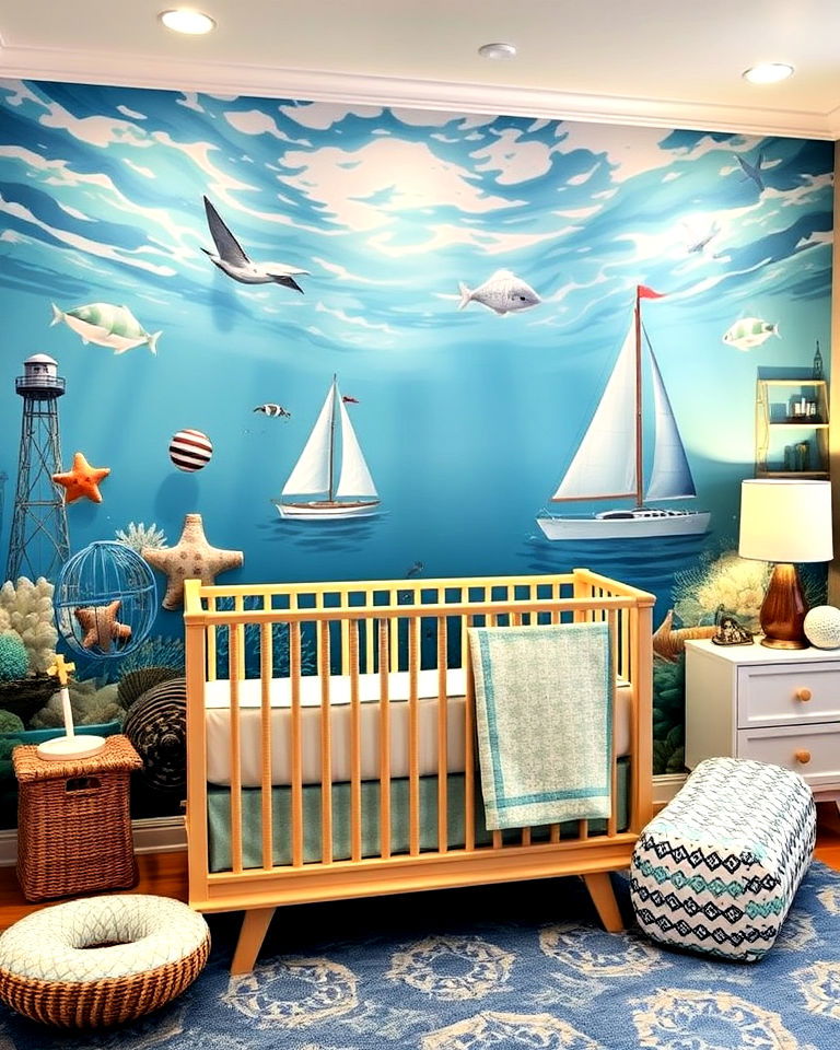 ocean themed nursery with nautical wall murals - 20 Ocean-themed Nursery Ideas