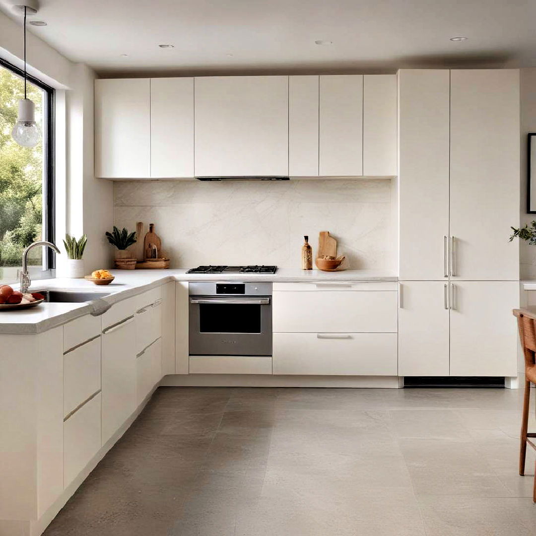 off white cabinets with slab door - 15 Off-white Kitchen Cabinets