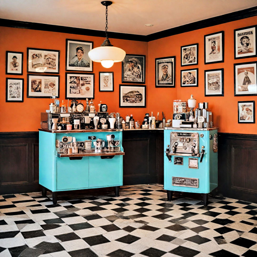 old fashioned posters and vintage espresso machine - 40 Coffee Bar Ideas