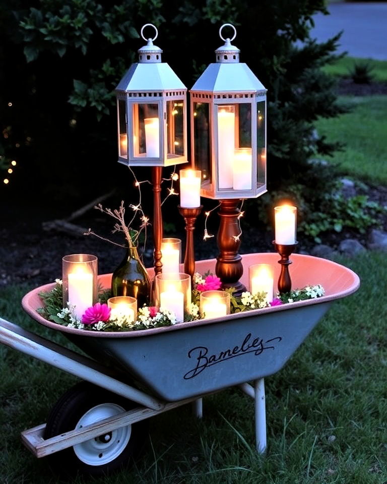 old wheelbarrow as outdoor candle display - 25 Old Wheelbarrow Ideas