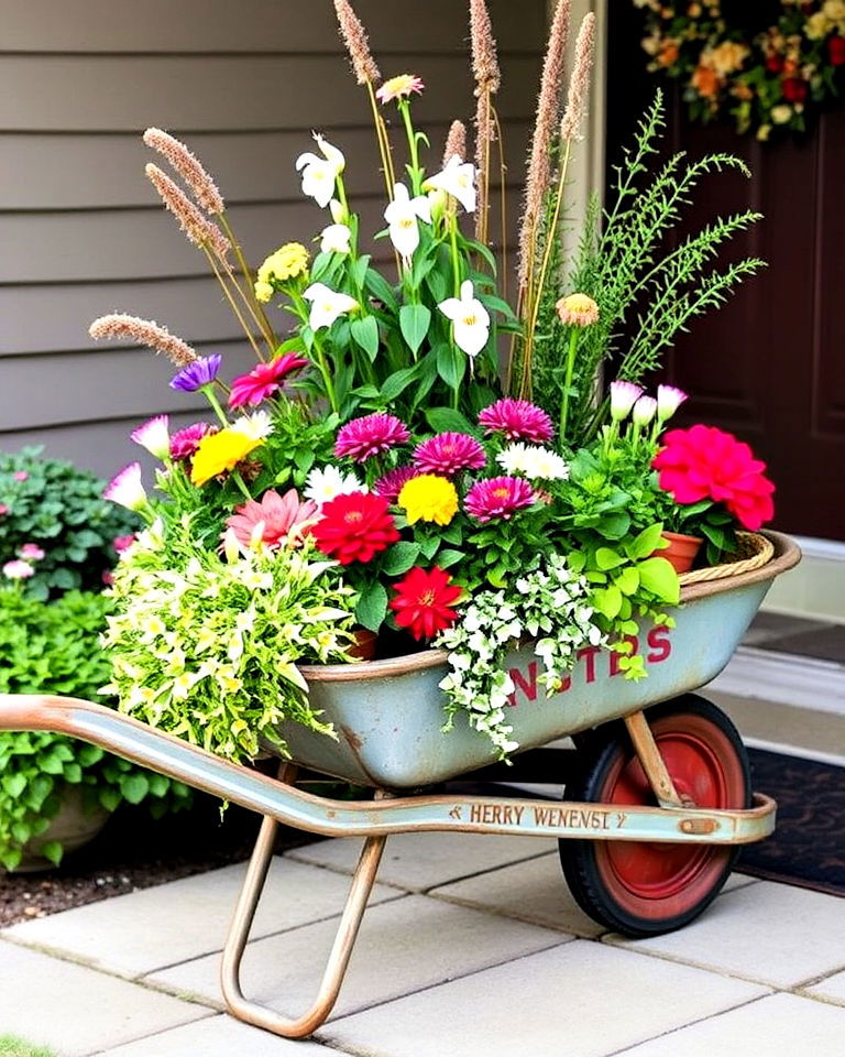 old wheelbarrow with seasonal plant display - 25 Old Wheelbarrow Ideas