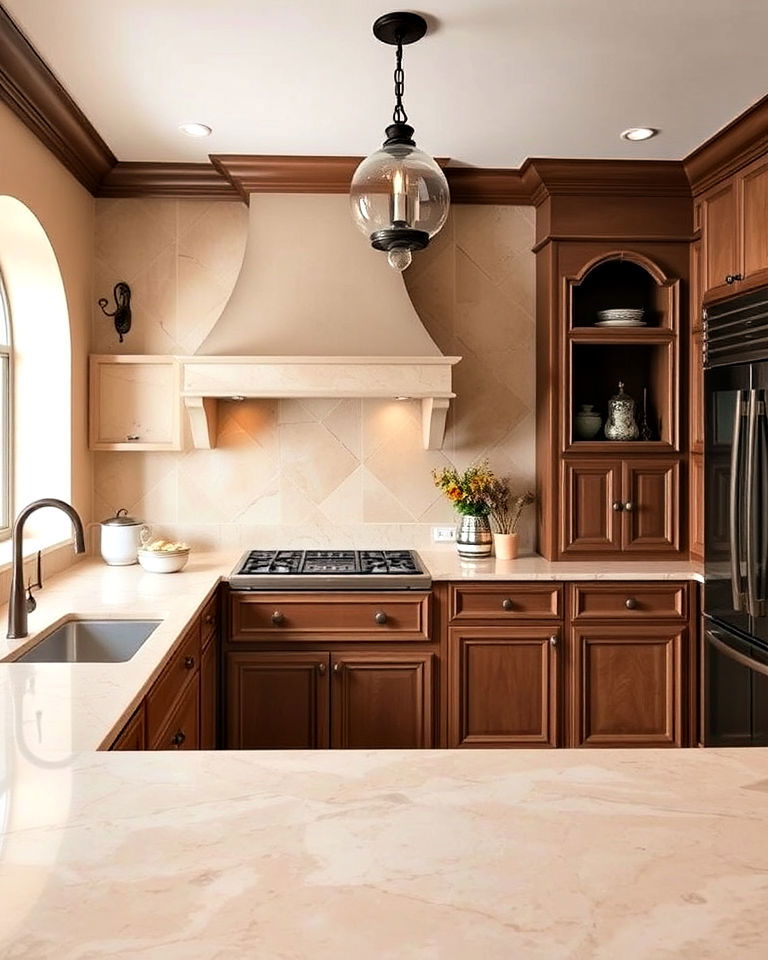 old world elegance with travertine countertops - 40 Kitchen Countertop Ideas
