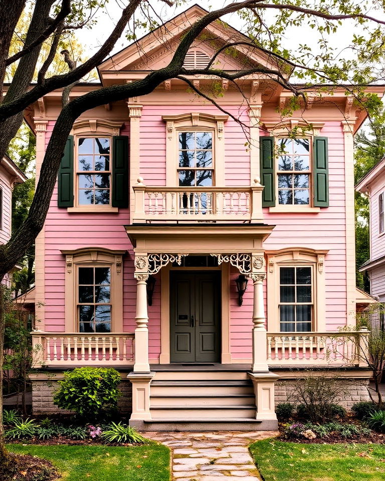 olive and taupe details for faded pink victorian house - 25 Pink Victorian House Ideas