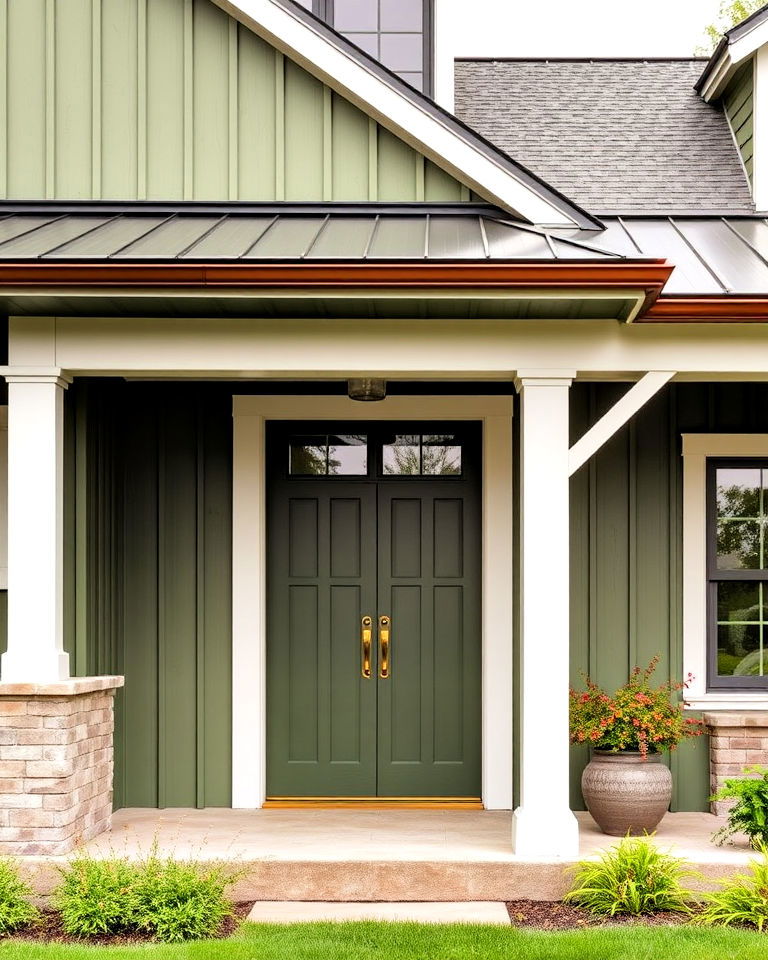 olive green and copper accents for farmhouse exterior - 25 Farmhouse Green Exterior Home Ideas