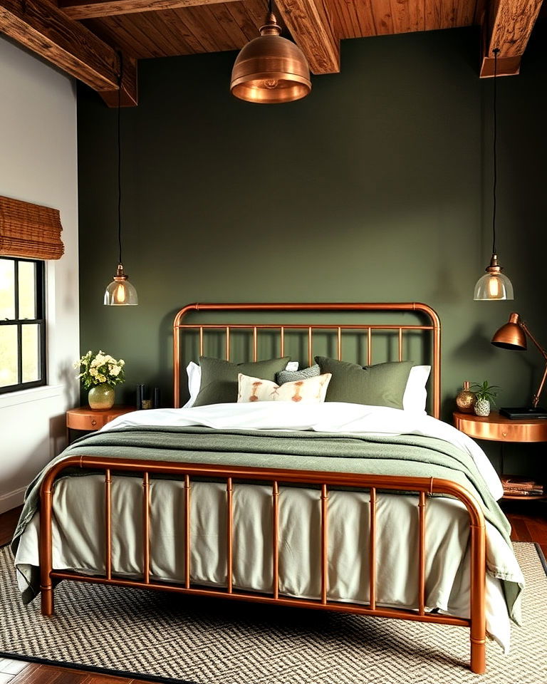 olive green and copper for industrial look bedroom - 25 Olive Green Bedroom Ideas