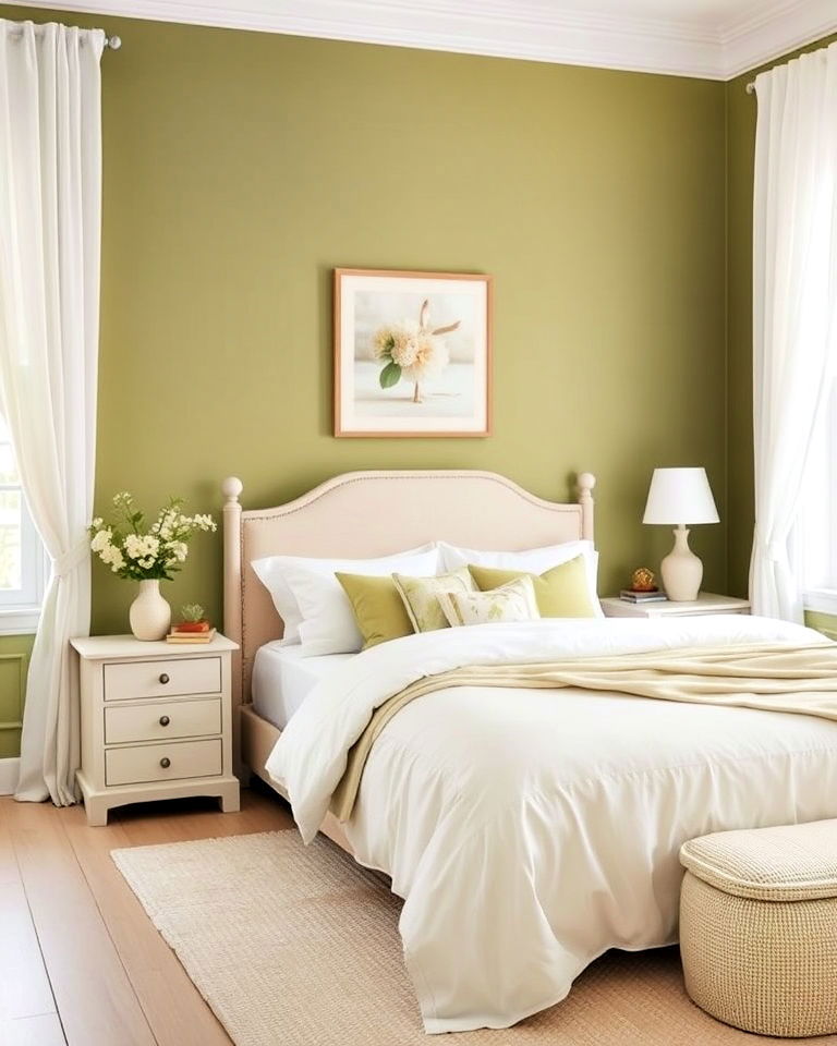olive green and white for fresh look - 25 Olive Green Bedroom Ideas