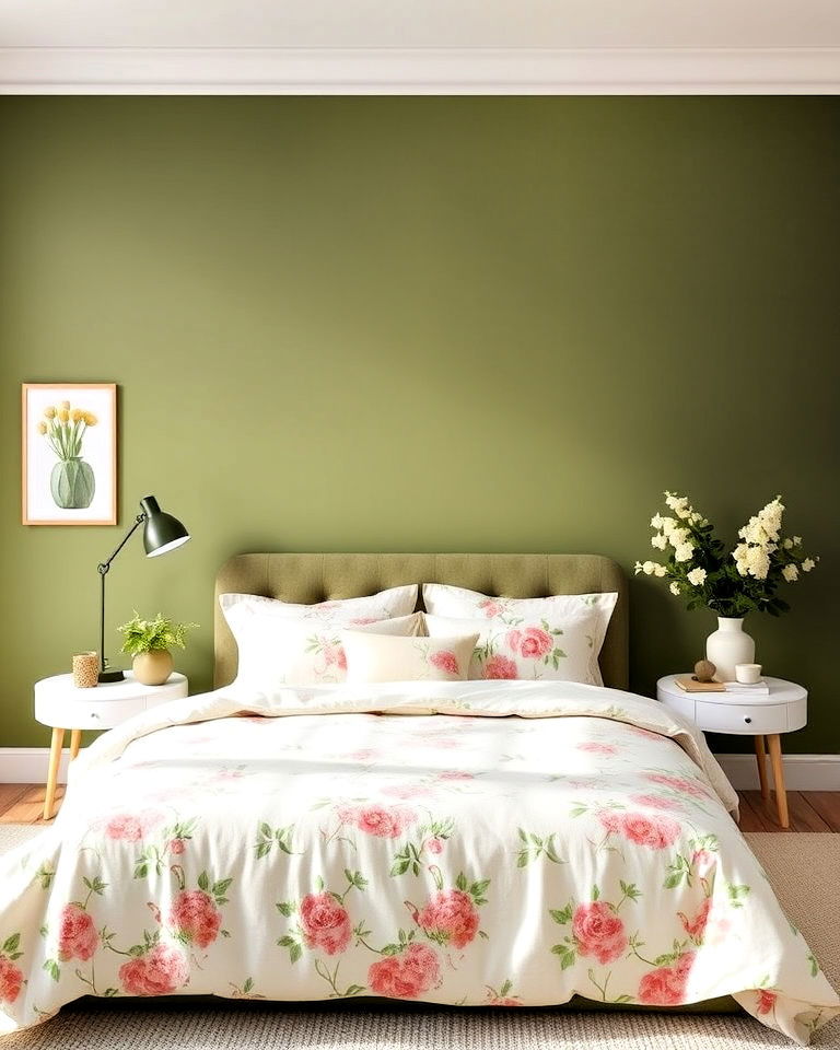 olive green bedroom with floral patterns - 25 Olive Green Bedroom Ideas