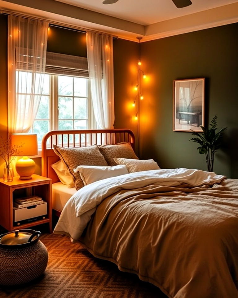 olive green bedroom with warm lighting - 25 Olive Green Bedroom Ideas