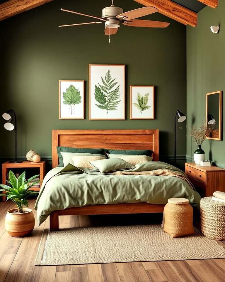 olive green bedroom with wooden accents - 25 Olive Green Bedroom Ideas