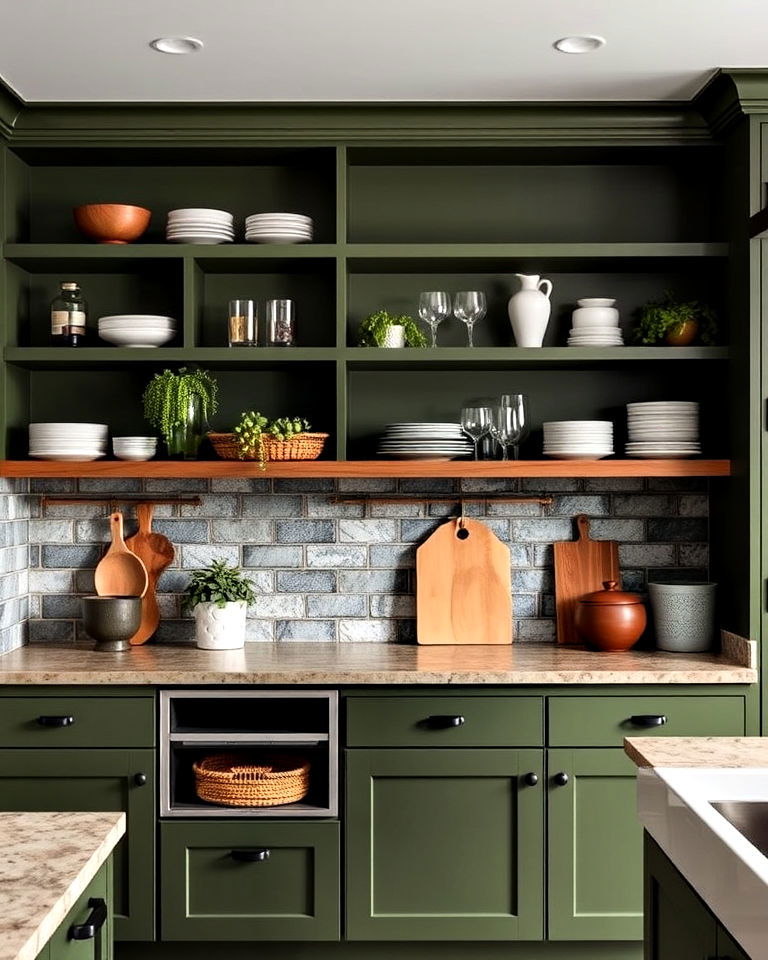 olive green open shelving ideas - 40 Dark Green Kitchen Ideas