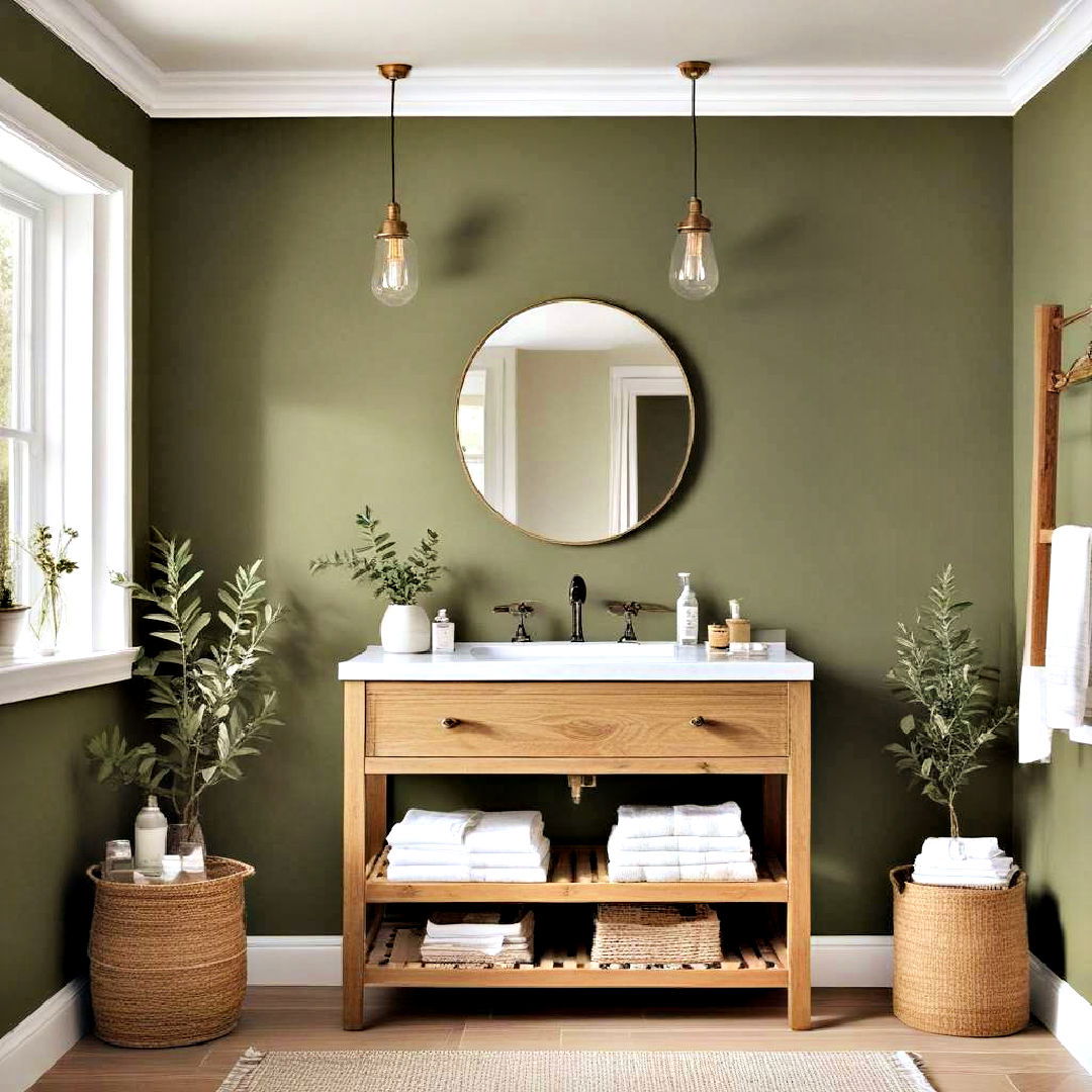 olive green paint to create serene space - 40 Bathroom Paint Ideas