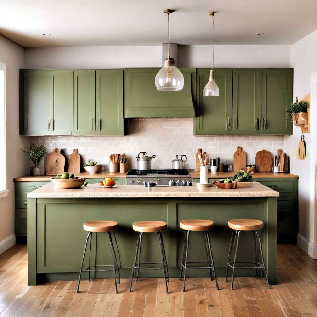 olive green paired with wooden accents - 40 Painted Kitchen Cabinet Ideas
