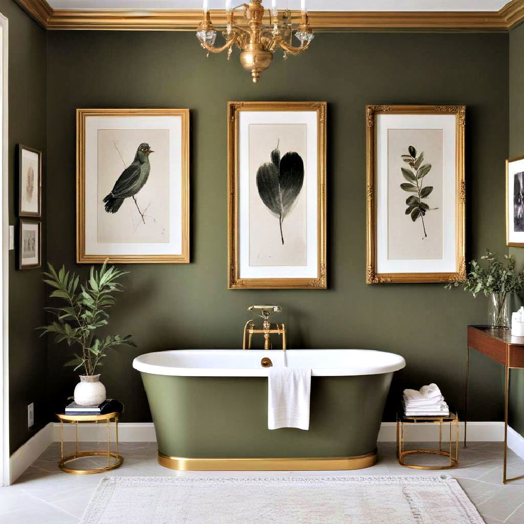 olive green walls and gold framings - 20 Green and Gold Bathroom Ideas