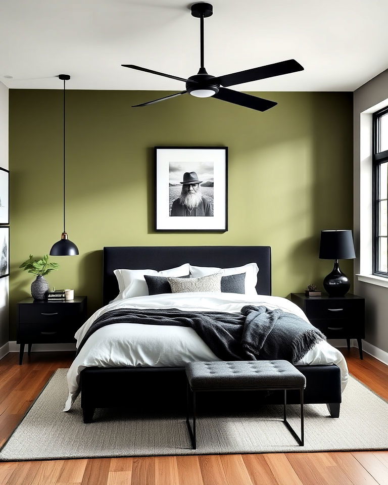 olive green with black accents to add modern twist - 25 Olive Green Bedroom Ideas