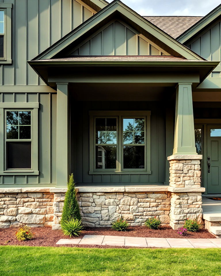 olive green with stone foundation design - 25 Farmhouse Green Exterior Home Ideas