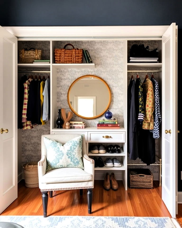 open closet with decorative wallpaper backdrop - 30 Open Closet Ideas