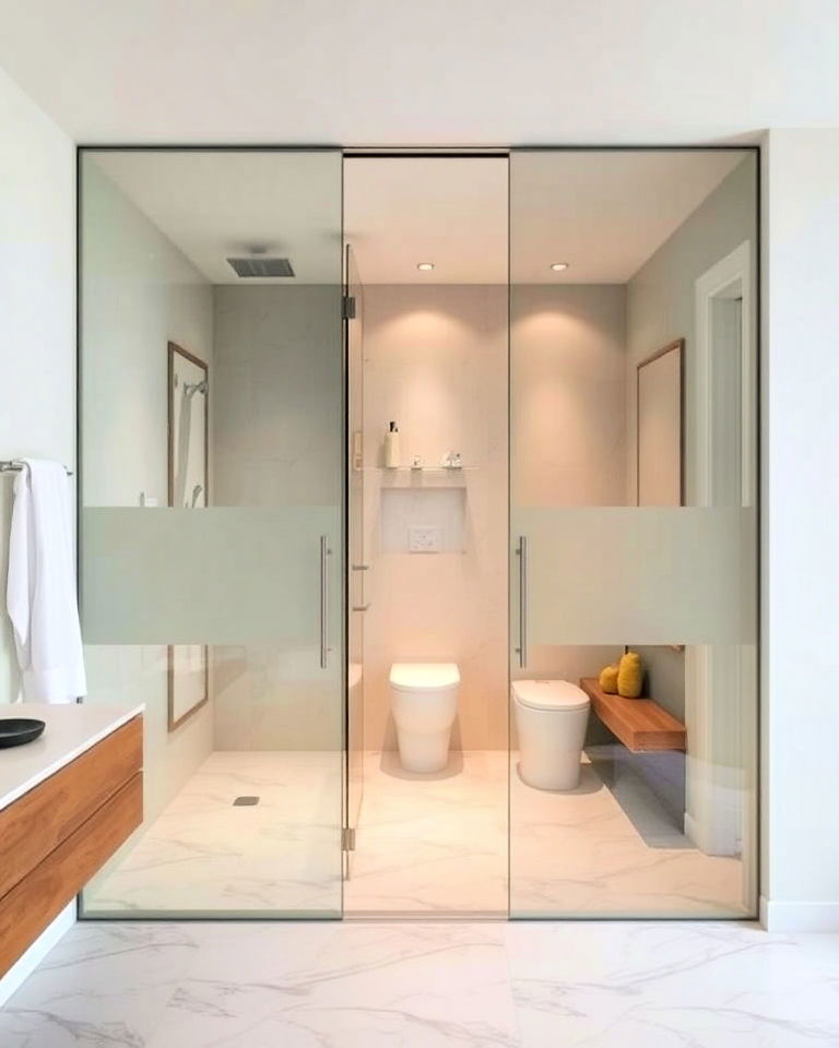 open concept aesthetic frameless sliding doors - 30 Open Concept Bathroom Ideas