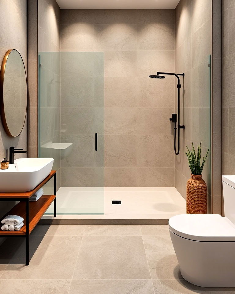 open concept bathroom with curbless shower - 30 Open Concept Bathroom Ideas