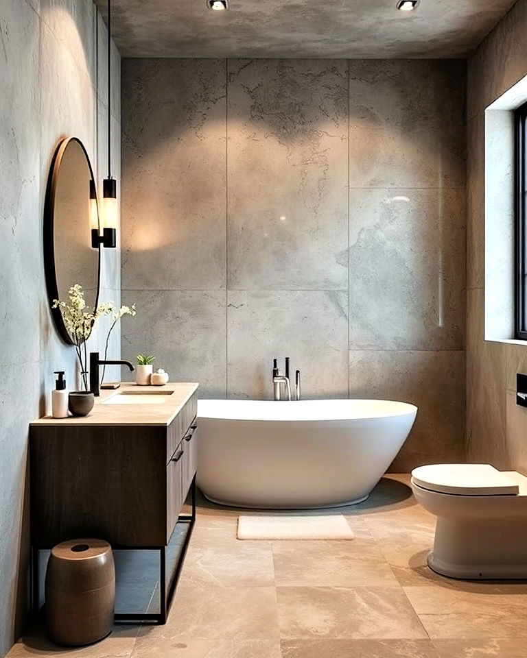 open concept bathroom with textured wall finishes - 30 Open Concept Bathroom Ideas