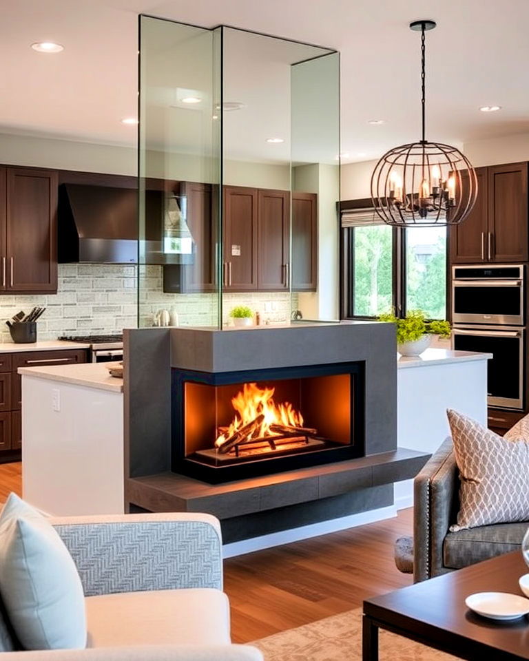 open concept fireplace divider ideas - 25 Kitchens With Fireplaces