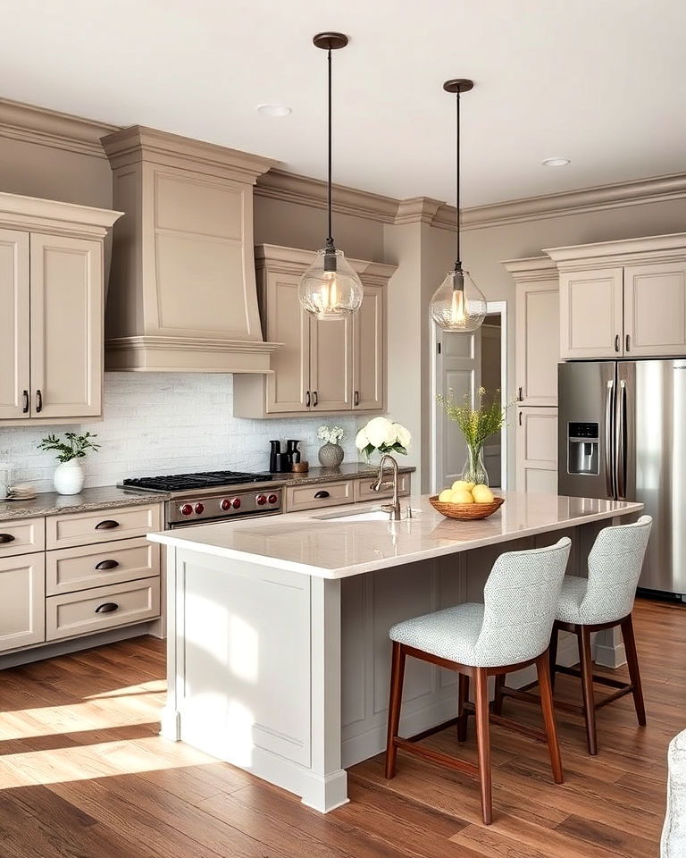 open concept kitchen with taupe cabinets - 25 Taupe Kitchen Cabinet Ideas