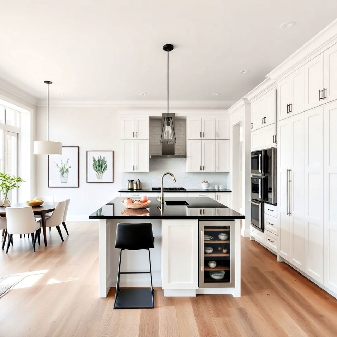 open concept layout for white kitchen with black countertops - 40 White Kitchen With Black Countertops Ideas
