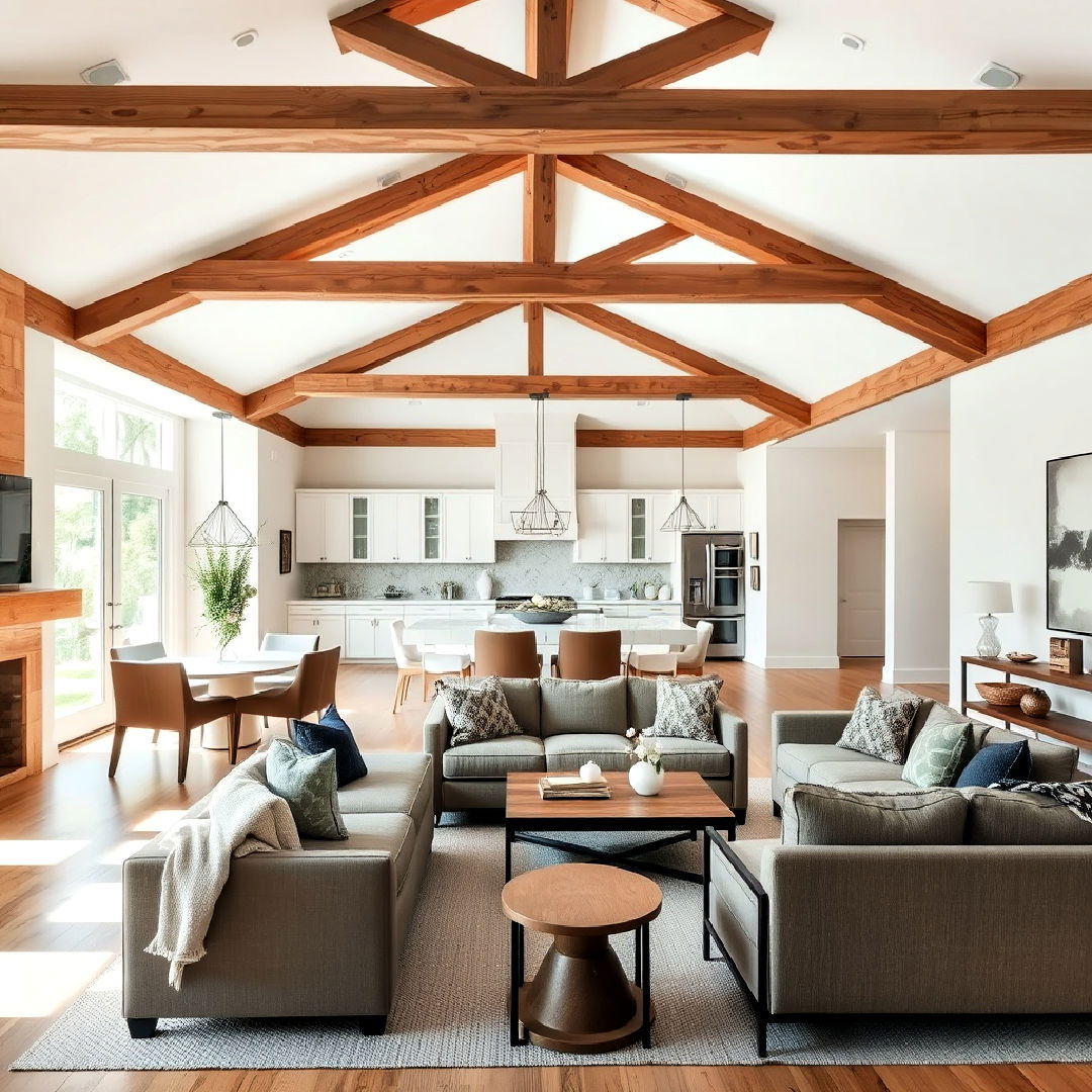 open concept living room with exposed beams - 25 Exposed Beam Living Room Ideas