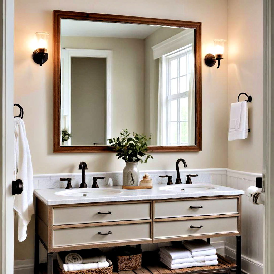 open frame mirror for farmhouse bathroom - 40 Farmhouse Bathroom Ideas