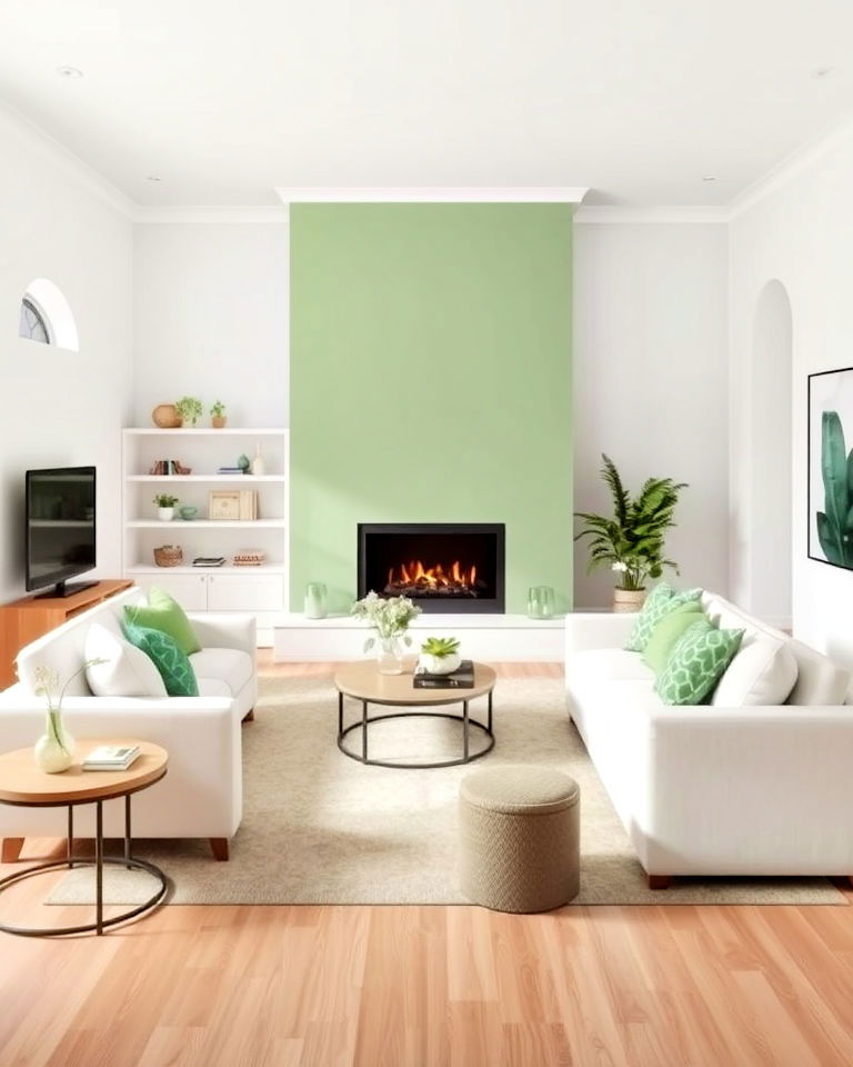 open plan living area with sage green fireplace - 15 Sage Green Fireplace Ideas
