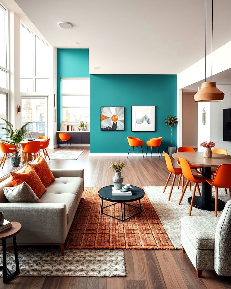 open plan space with teal and orange color - 20 Teal and Orange Color Scheme for Your Rooms