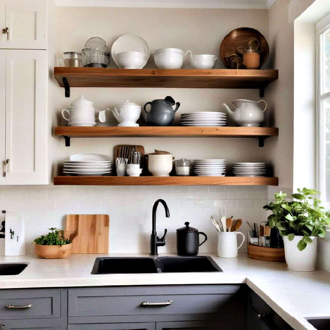 open shelves to display decorative items - 30 Small Galley Kitchen Ideas on a Budget