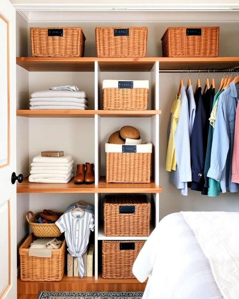 open shelves with baskets - 30 Open Closet Ideas