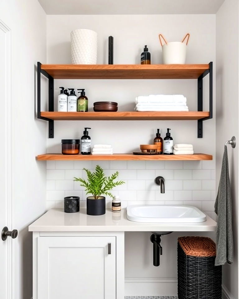 open shelving for bathroom with metal accents - 20 Masculine Bathroom Ideas
