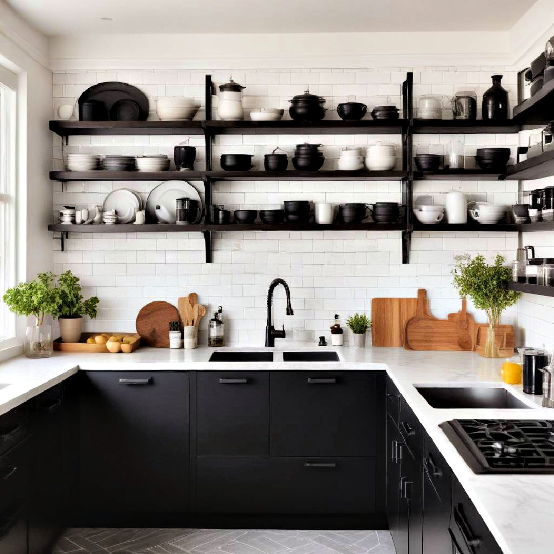 open shelving for black kitchen - 40 Black Kitchen Ideas