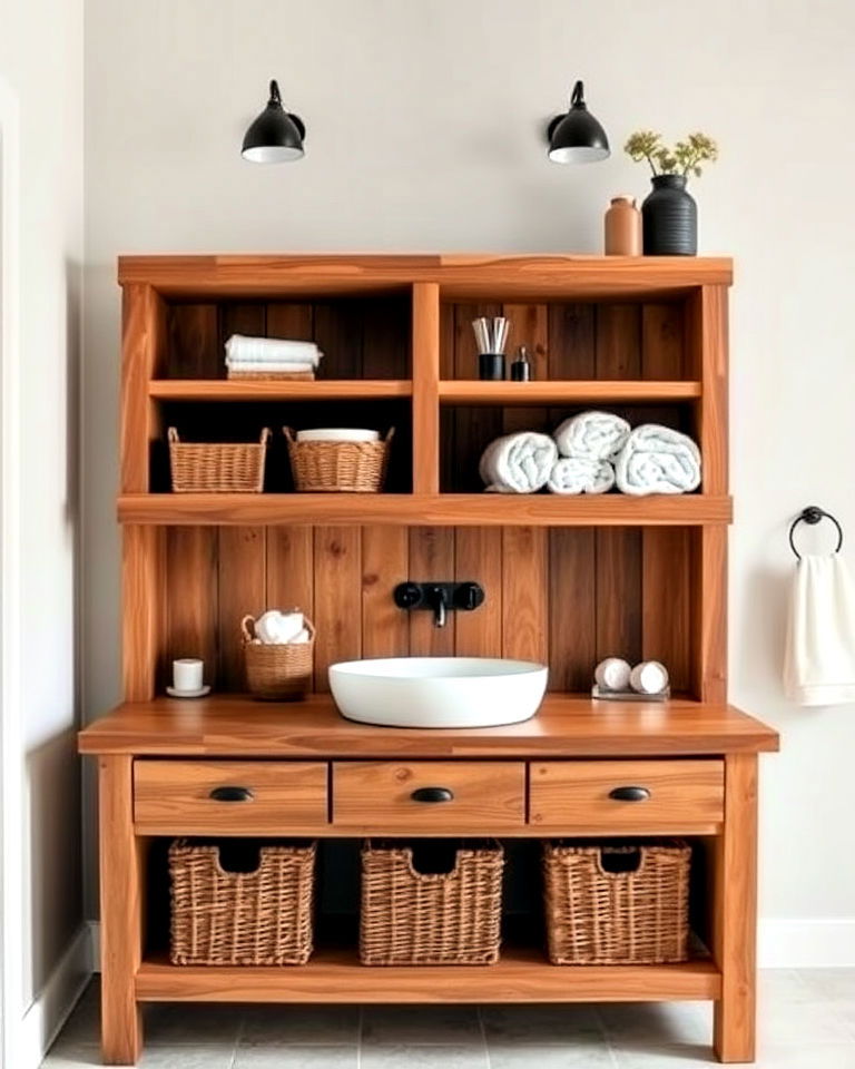 open shelving for rustic vanity - 15 Rustic Bathroom Vanity Ideas