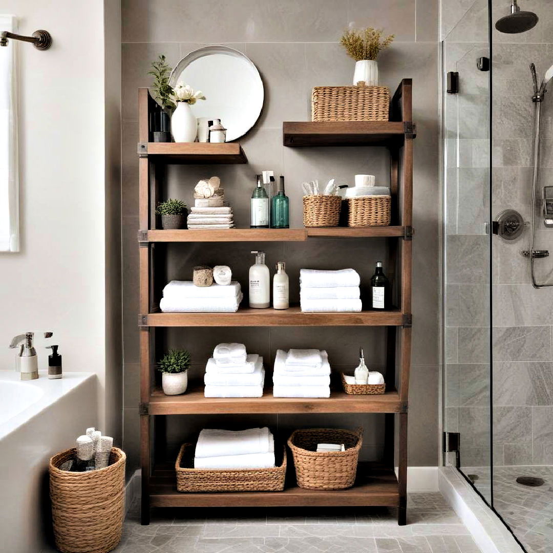 open shelving storage for toiletries - 40 Bathroom Design Ideas