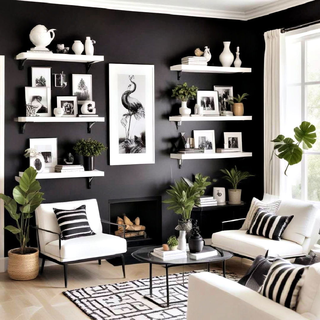 open shelving to display decorative items - 30 Black and White Living Room Ideas