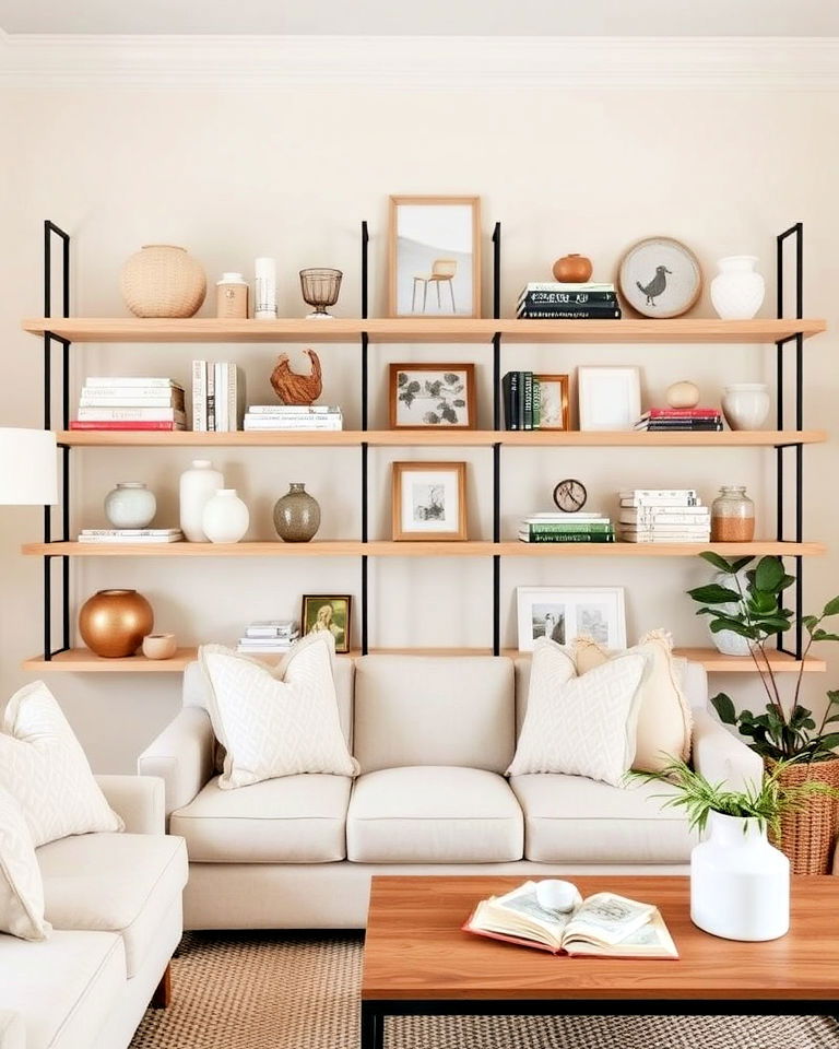 open shelving to display decorative items - 20 Magnolia Living Room Ideas