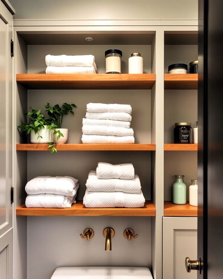 open shelving to display essential items - 30 Transitional Bathroom Ideas