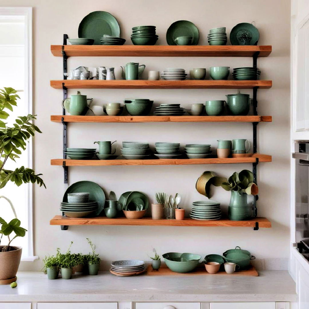 open shelving to display green dinnerware - 40 Green Dining Room Ideas