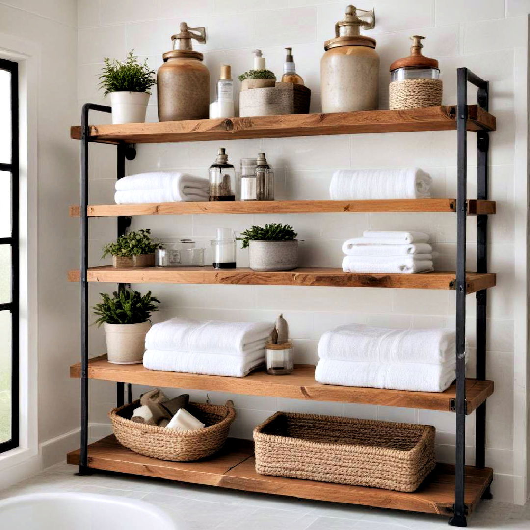open shelving to display towels and plants - 40 Farmhouse Bathroom Ideas