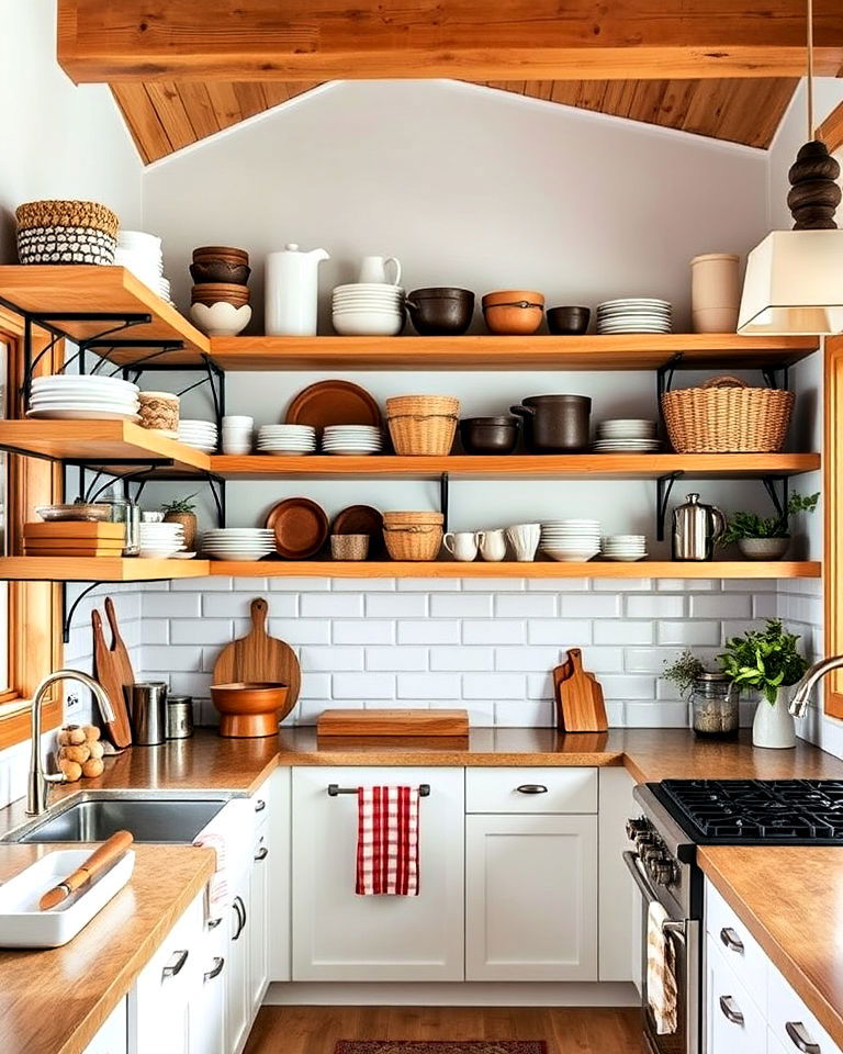 open shelving to showcase rustic dishware - 20 Mountain House Kitchen Ideas