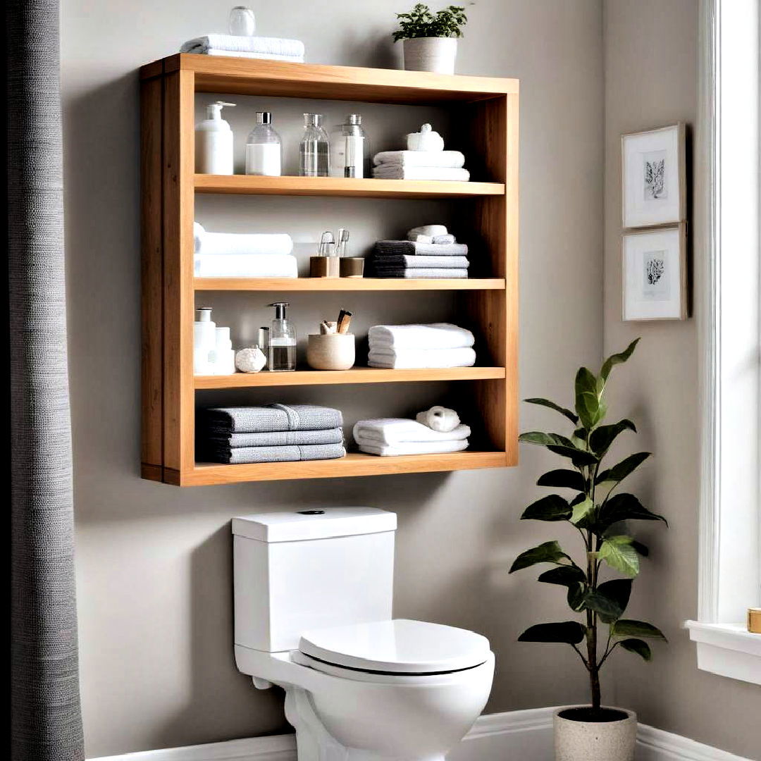open shelving unit for over the toilet storage - 25 Over Toilet Storage Ideas