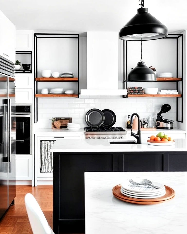 open shelving with black island - 20 White Kitchen Ideas With Black Island