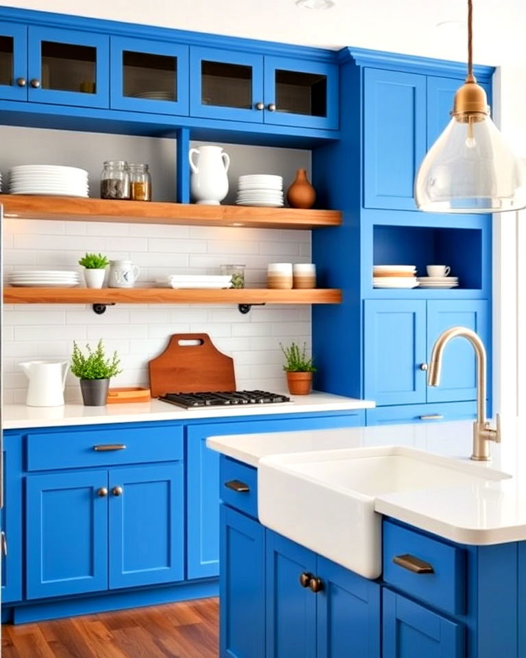 open shelving with cerulean blue cabinets - 30 Blue Farmhouse Kitchen Cabinets