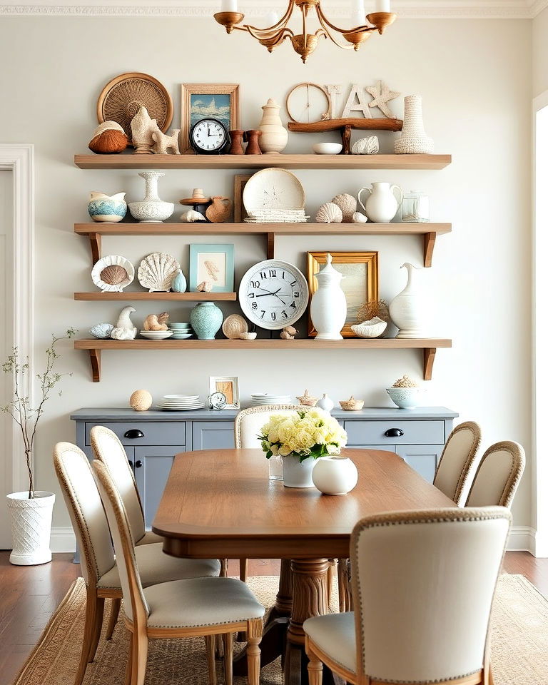 open shelving with coastal display - 20 Coastal Dining Room Ideas