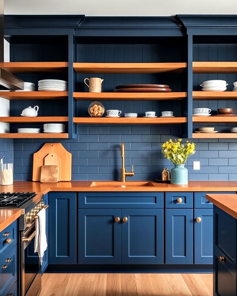 open shelving with indigo cabinets - 30 Blue Farmhouse Kitchen Cabinets