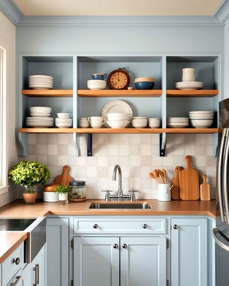 open shelving with light blue cabinets - 20 Light Blue Kitchen Cabinets Ideas