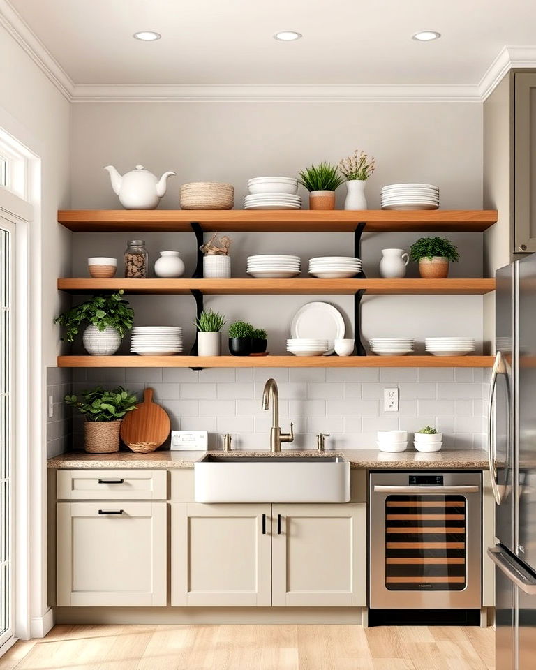 open shelving with taupe lower cabinet ideas - 25 Taupe Kitchen Cabinet Ideas