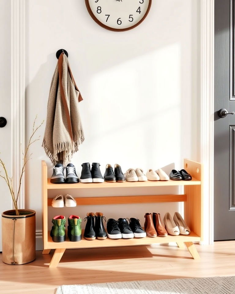 open shoe rack for clean look - 20 Scandinavian Entryway Ideas